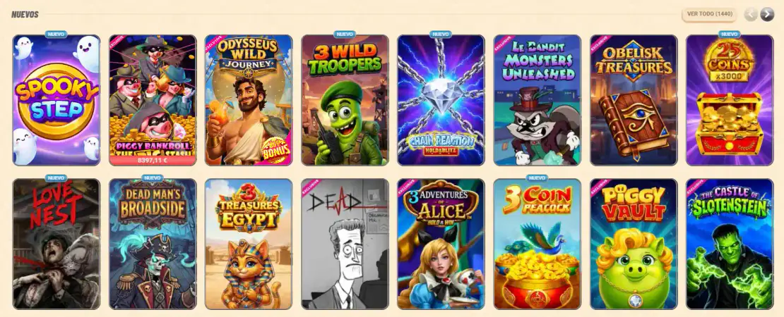 Catálogo de juegos de Vegasino con tragamonedas nuevas y títulos exclusivos