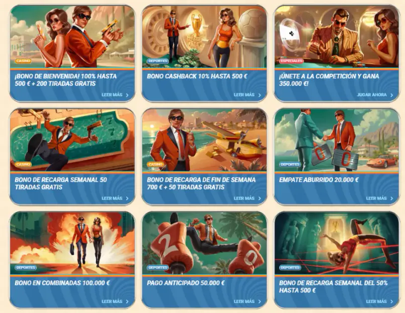 Tarjetas promocionales de Vegasino con bonos de bienvenida, cashback y tiradas gratis